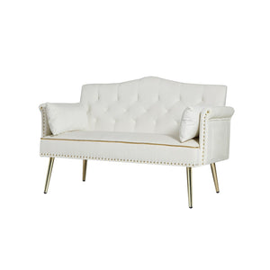 English Elm Black Velvet Tufted Two Seater Sofa with Metal Legs for Studio and Small Living Spaces Cream White W3985P401359