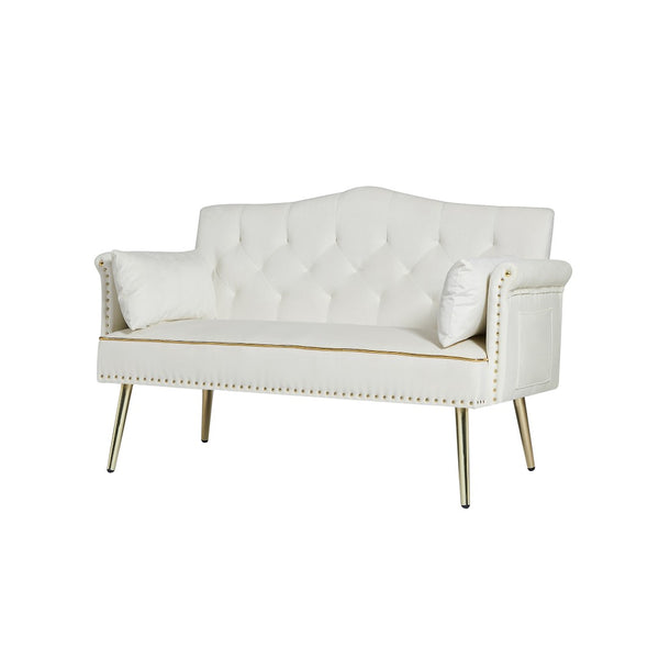 English Elm Black Velvet Tufted Two Seater Sofa with Metal Legs for Studio and Small Living Spaces Cream White W3985P401359
