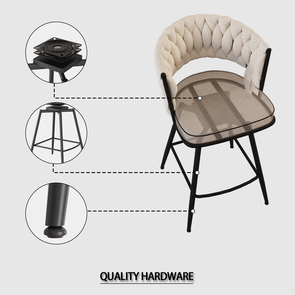 English Elm 26" Bar Chair Suede Woven Bar Stool Set of 2 with 360° Swivel, Plush Technical Leather, Sturdy Metal Base White W2189P180368