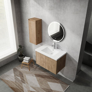 English Elm 30" Wall-Mounted Bathroom Vanity With Resin Sink & Side Cabinet For Modern Space-Saving Style W999S00219