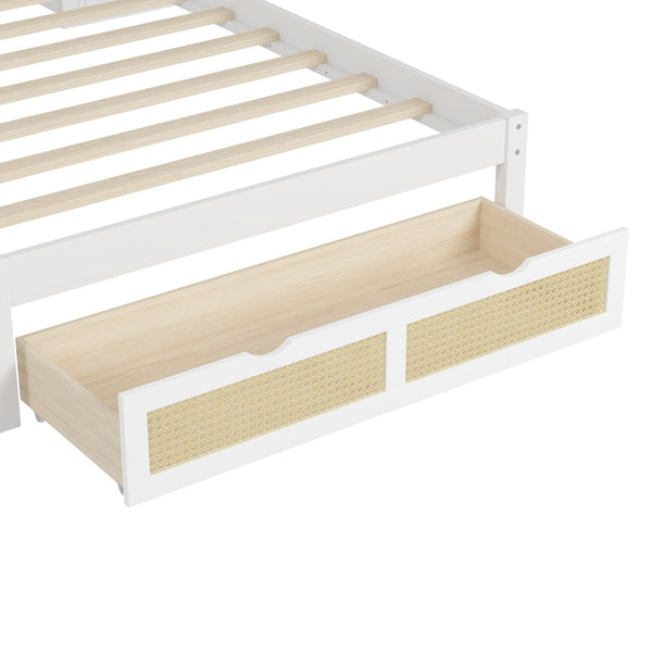 English Elm Twin Multifunctional Bed with Rattan Headboard Storage, Drawer & Shelves — Space-Saving Pine Design White 50.4 L x 19.8 W x 5.5 H N733S241280K