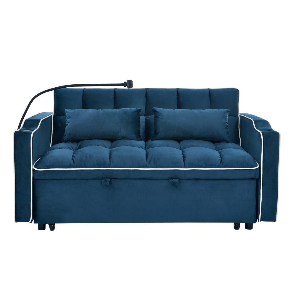 English Elm 55.51 Convertible Velvet Sofa Bed with USB, Swivel Phone Stand & Ashtray — Foldable 3‑Length Modern Loveseat (Blue) W2353P205655