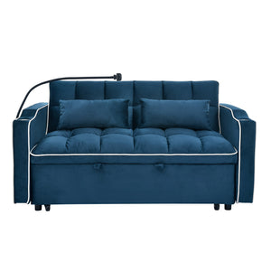 English Elm 55.51 Convertible Velvet Sofa Bed with USB, Swivel Phone Stand & Ashtray — Foldable 3‑Length Modern Loveseat (Blue) W2353P205655