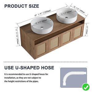 English Elm 48" Imitative Oak Wall Mounted Bathroom Vanity with Ceramic Art Sink, Plywood, 4 Soft-Close Doors, Modern Float Design W999S00399