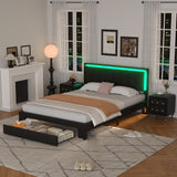 Queen Size Upholstered Bed Set with LED Lights, 2 Motion Activated Night Lights, PU Nightstand, Crystal Handle - Black