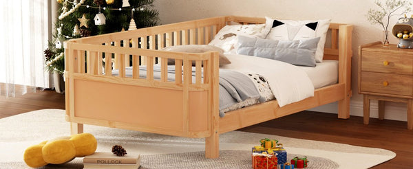 English Elm Twin Solid Wood Platform Bed for Kids with Safety Rail Rust‑Resistant Sturdy Pine Frame, 250lb Capacity Natural 69.48 L x 17.91 W x 7.48 H W2593P190150