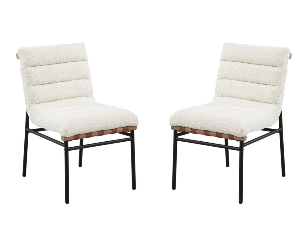 English Elm Liana Boucle Upholstered Dining Chairs Set of 2 with Cognac Leather Accents Iron Legs White B2749P413191