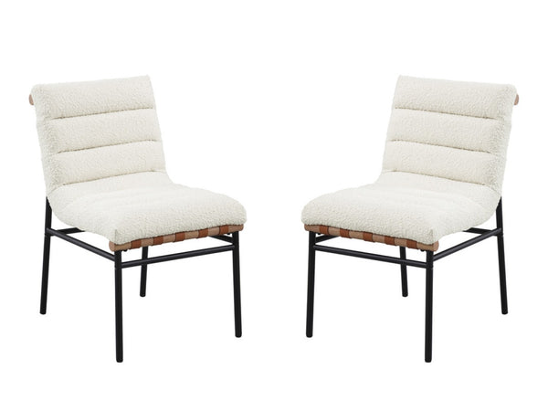 English Elm Liana Boucle Upholstered Dining Chairs Set of 2 with Cognac Leather Accents Iron Legs White B2749P413191