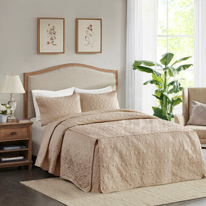 English Elm 3 Piece Quilted Bedspread Set Queen with Pleated Split Corners, Antimicrobial Microfiber, Khaki Elegance B035129056