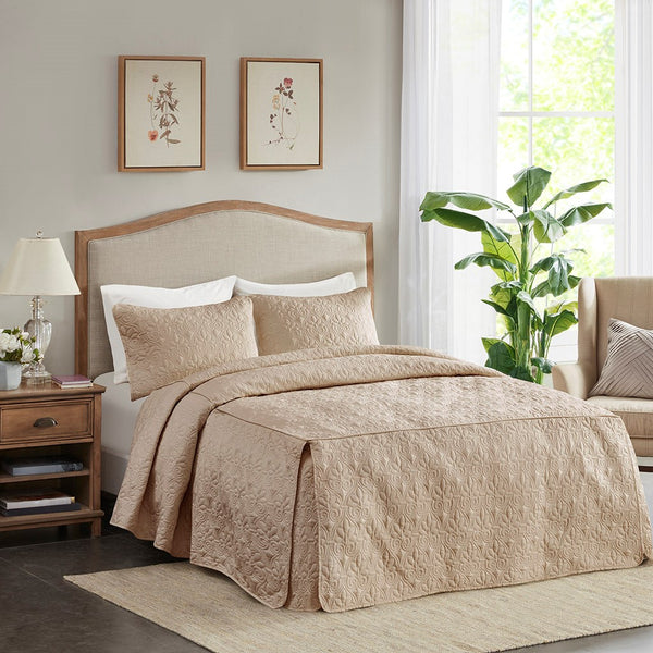 English Elm 3 Piece Quilted Bedspread Set Queen with Pleated Split Corners, Antimicrobial Microfiber, Khaki Elegance B035129056