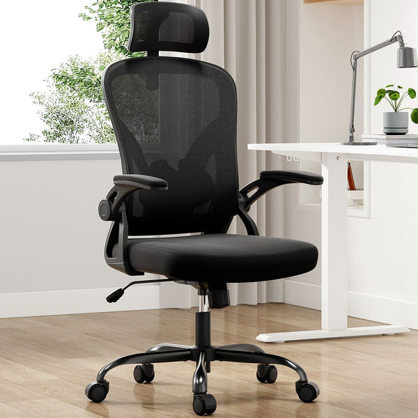 English Elm Ergonomic Office Chair - Adjustable Headrest & Lumbar Support For Home Office Comfort, Black Mesh Design T3623P380912