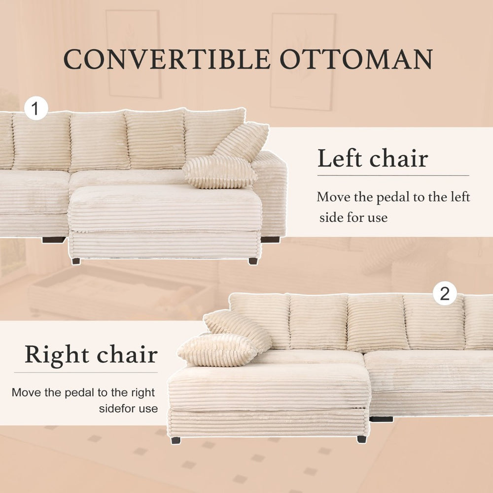 English Elm 108.6" Corduroy L-shaped Sectional with Chaise Storage Ottoman and Eight Pillows Beige W2791S00003