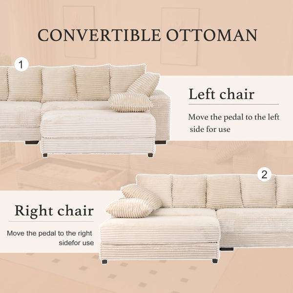 English Elm 108.6" Corduroy L-shaped Sectional with Chaise Storage Ottoman and Eight Pillows Beige W2791S00003