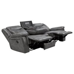 English Elm Hudson Grey Faux Leather Motion Sofa with Dual Recliners, Cupholders, Pop-Up Outlet & Drawer B062P357810