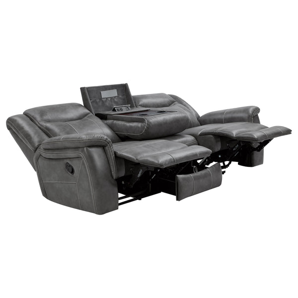 English Elm Hudson Grey Faux Leather Motion Sofa with Dual Recliners, Cupholders, Pop-Up Outlet & Drawer B062P357810