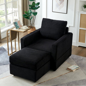 English Elm Classic Corduroy Chaise Lounge with Removable Backrest and Plush Ottoman, Stylish Living Room Seat Black W2186S00008