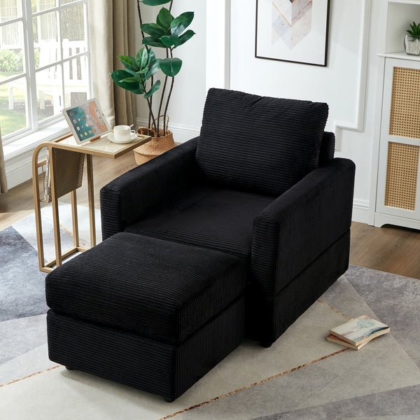 English Elm Classic Corduroy Chaise Lounge with Removable Backrest and Plush Ottoman, Stylish Living Room Seat Black W2186S00008