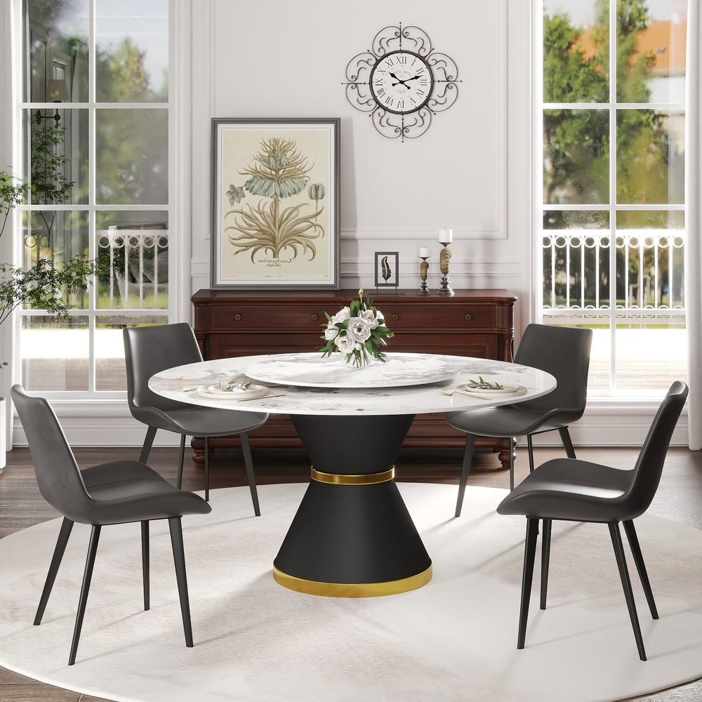English Elm 59.05"Modern 59.05" Modern Round Dining Table With White Sintered Stone Top & Black Steel Base - Seats 6-8! W1535S00439