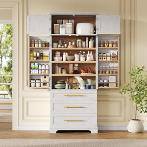 English Elm K&k Farmhouse Pantry Cabinet Tall Freestanding Kitchen Storage with Drawers Shelves White N707P356569W