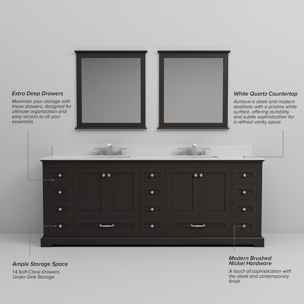 English Elm Espresso Double Bath Vanity 84" W x 22" D with White Quartz Top, Soft-Close Drawers & 34" Mirrors B2731S00829
