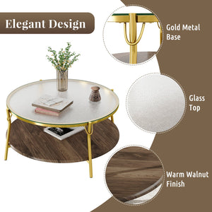 English Elm Modern 47.2" Rectangular Coffee Table with Sleek Black Top, Gold Metal Base and Four Drawers for Stylish Storage and Durable Contemporary Living Room Furniture Gold+Glass,Walnut N735P350390D