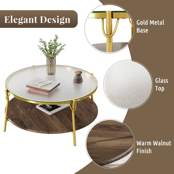 English Elm Modern 47.2" Rectangular Coffee Table with Sleek Black Top, Gold Metal Base and Four Drawers for Stylish Storage and Durable Contemporary Living Room Furniture Gold+Glass,Walnut N735P350390D