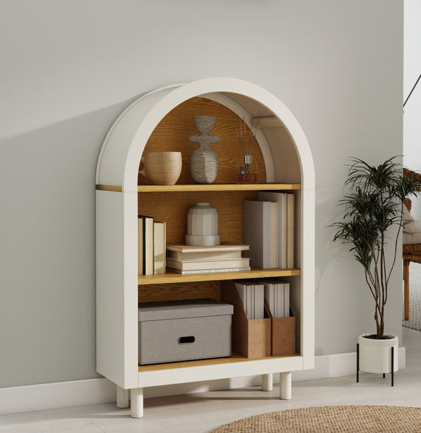 English Elm Arched Three Tier Bookshelf White Frame Woodgrain Shelves Modern Storage for Any Room W2557P428368