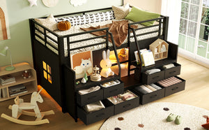English Elm Twin Low Loft Bed with Shelves Fabric Drawers and Under Bed Study Nook Metal Frame Black W5305S00043