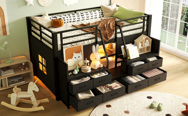 English Elm Twin Low Loft Bed with Shelves Fabric Drawers and Under Bed Study Nook Metal Frame Black W5305S00043