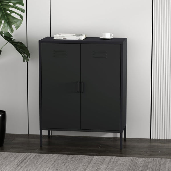 English Elm Naomi Metal Accent Cabinet 32" — Ventilated Double-Door Steel Storage with Adjustable Shelves, Modern Stability Black B365P397885