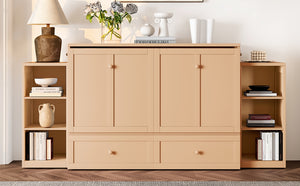 English Elm Full Golden Murphy Bed with Storage Drawers & Shelves, Space-Saving Wall Cabinet for Guests W1580S00254