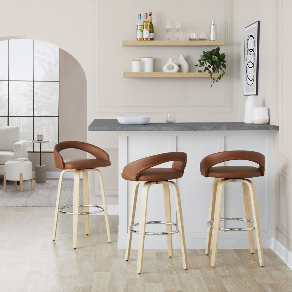 English Elm Fixed-height Swivel Barstools Walnut Bentwood Legs White Velvet Seat Set of 2 Camel B202S01913