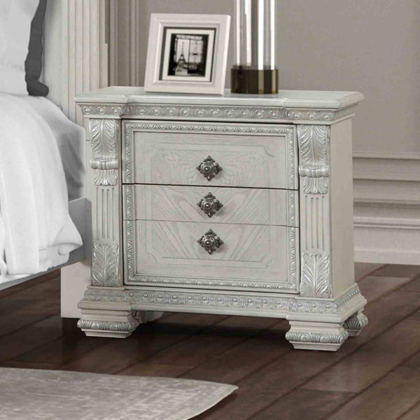 English Elm Ornate Silver Molding Nightstand with Usb Charging Dovetail Drawers Bedroom Storage White B2741P431064