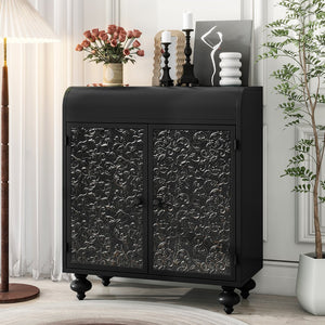 English Elm Art Accent Cabinet Antique Black Steel Sideboard with Embossed Pattern, Sturdy 75 lb Shelves & Rustic Charm W3122P272554