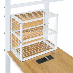 English Elm Twin House Bed Frame with Roof & Fence, Metal Twin Loft with Built-In Desk Shelves USB Outlets White N737P173490K