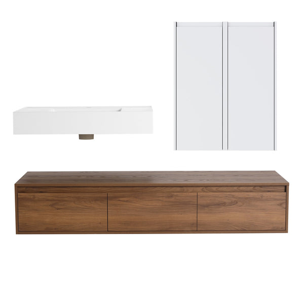 English Elm 60-Inch Wall-Mounted Vanity With Molded Resin Sink, 2 Side Cabinets & 3 Soft-Close Drawers For Storage W999S00285