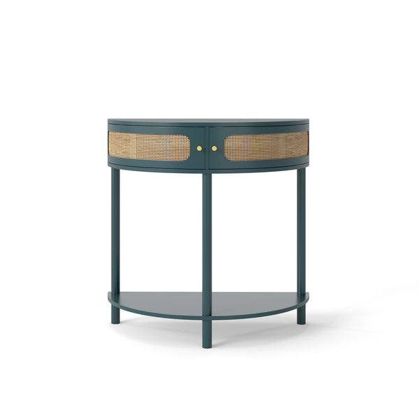 English Elm Unique Half Moon Rattan End Table with 2 Drawers & Bottom Shelf, Semi-Circle Boho Console for Entryway W2557P264179