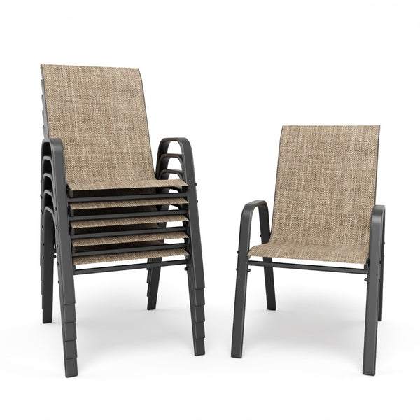 English Elm 7-piece Outdoor Dining Set with Wood-grain Steel Table Umbrella Hole Six Ergonomic Chairs Black+Brown W3979S00042