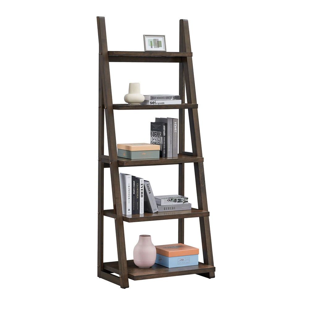 English Elm 5-Tier Ladder Shelf with Rubber Wood Frame and MDF Boards, Space-Saving Bookcase for Home Storage Rustic Brown W2582P195345