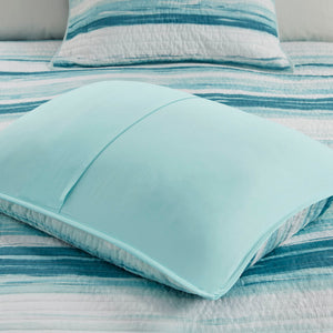 JLA Home Madison Park - 6 Piece Printed Quilt Set Coastal Watercolor Stripe Reversible Quilt with Embroidered Seashell Pillows 94 L x 104 W x 0.25H MP13-7949