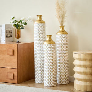 English Elm Floor Elegant 3-Piece Metal Vase Set - Modern Droplet Style In White And Gold For Stunning Decor W2796P290480