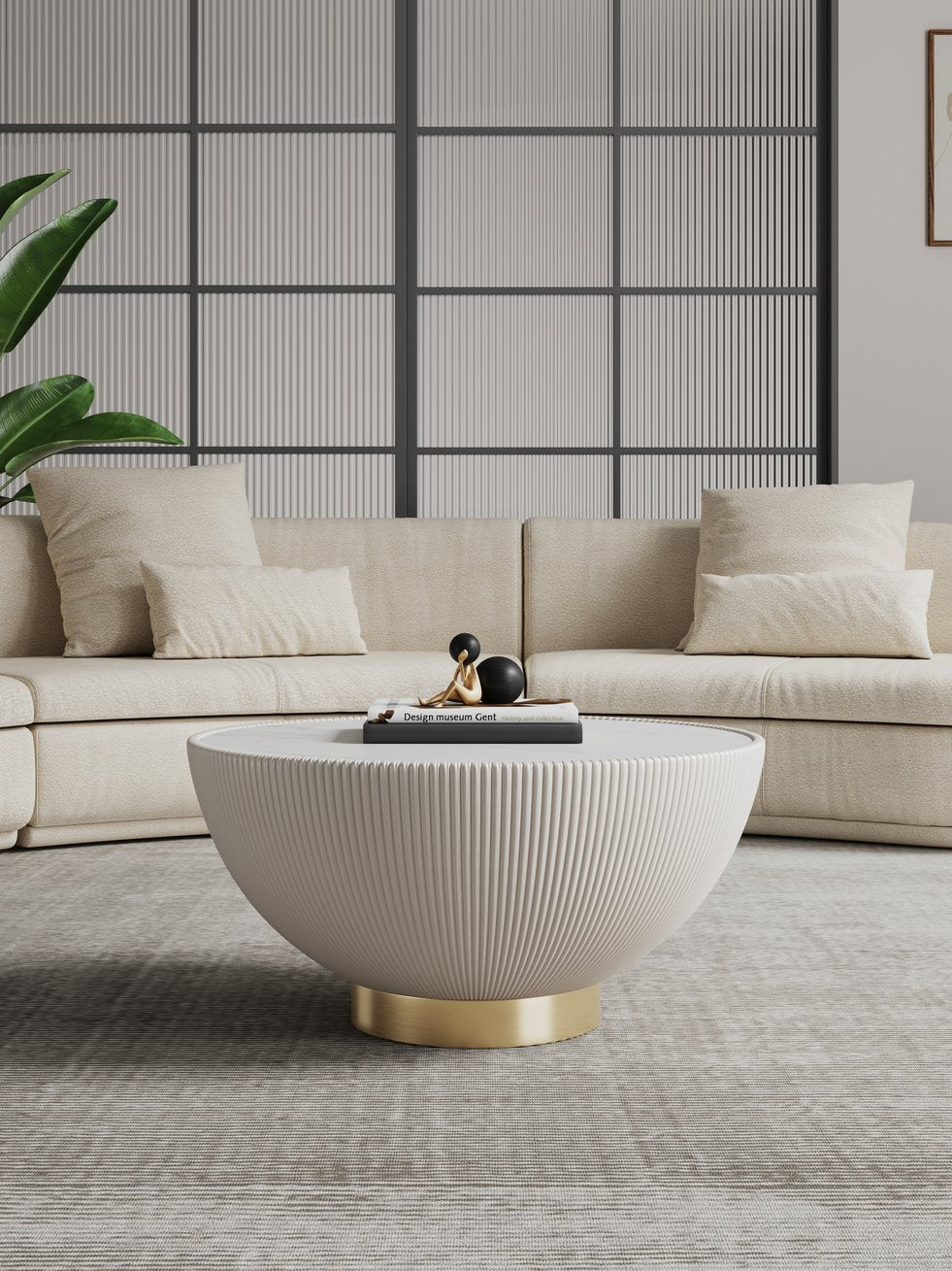English Elm Anderson Cream Upholstered Coffee Table With Sintered Stone Top And Gold Pedestal - Modern Elegance B365P398487