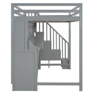 English Elm Full Over Murphy Bunk Bed with Hydraulic Lift Desk and Staircase Storage Gray LP200698AAE