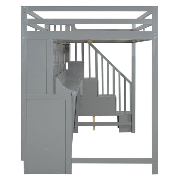 English Elm Full Over Murphy Bunk Bed with Hydraulic Lift Desk and Staircase Storage Gray LP200698AAE