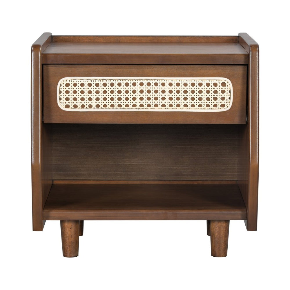 English Elm Black Rattan Panel Nightstand with Open Shelf Drawer Mdf Modern Bedroom Storage N770P374577D
