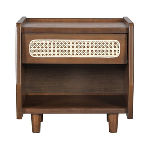 English Elm Black Rattan Panel Nightstand with Open Shelf Drawer Mdf Modern Bedroom Storage N770P374577D