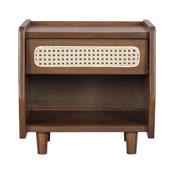 English Elm Black Rattan Panel Nightstand with Open Shelf Drawer Mdf Modern Bedroom Storage N770P374577D