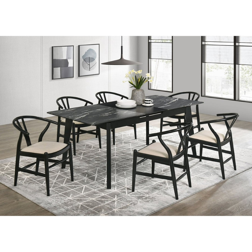 English Elm Spivey Mid-century Faux Marble Extendable Dining Set with Wishbone Chairs Seats Four B062S01472