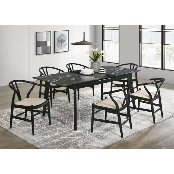 English Elm Spivey Mid-century Faux Marble Extendable Dining Set with Wishbone Chairs Seats Four B062S01472