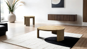 English Elm Modern Round Coffee Table 42" DIA x 15" H Oak Finish Plinth Base Rubberwood Modern Living Accent B2741P360632
